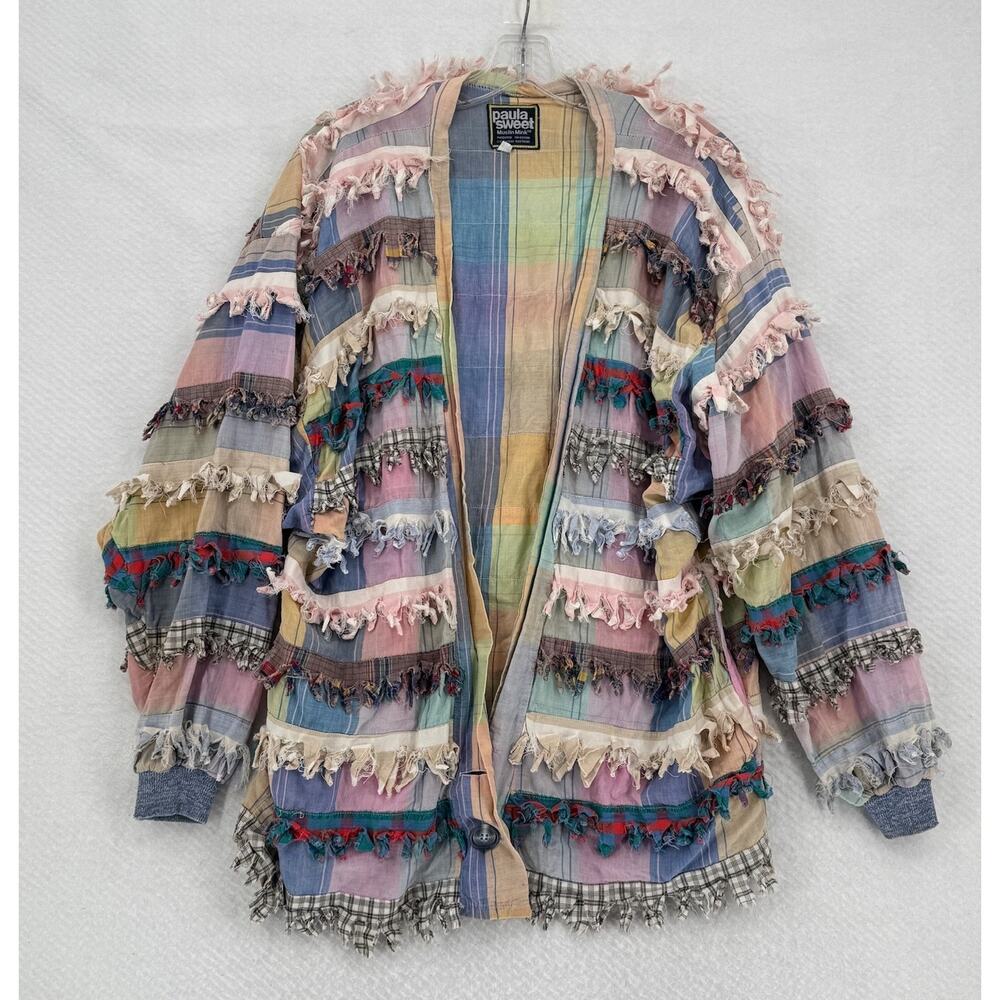 Vintage Paula Sweet Muslin Mink Multicolor Pastel Plaid Fringe Jacket Sz M